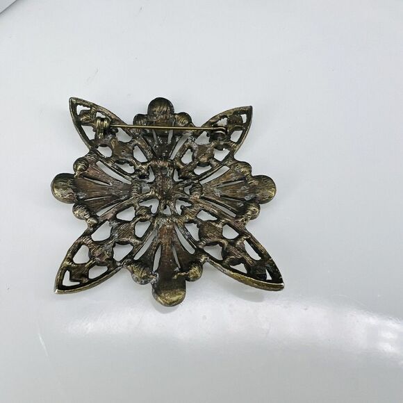 Vintage Victorian Style Filigree Brooch Silver Black Amber Tone Rhinestones 4053 - Picture 6 of 9